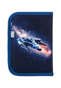 Navy blue fabric wallet with a textured surface, featuring a graphic of a futuristic spaceship against a galaxy background. Blue trim.