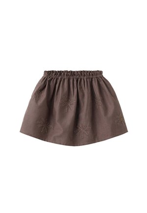 Jupe marron froncée avec taille élastique et motifs de palmiers brodés dispersés sur le tissu.