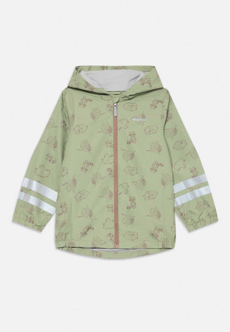 Šviesiai žalia lietaus striukė su gyvūnų ir lapų raštais, kontrastinga rožinė užtrauktuko spalva ir balti atšvaitiniai dryžiai ant rankovių. Su gobtuvu.