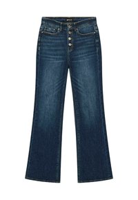 Pantalones vaqueros de pierna ancha en azul oscuro con cierre de botones, cinco bolsillos y un sutil desvanecimiento a lo largo de las piernas.