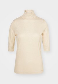 Beige turtleneck-paita lyhyillä hihoilla, joka on valmistettu ribbikudoksesta ja siinä on hillitty kiilto. Alareunassa on pieni logoteippi.