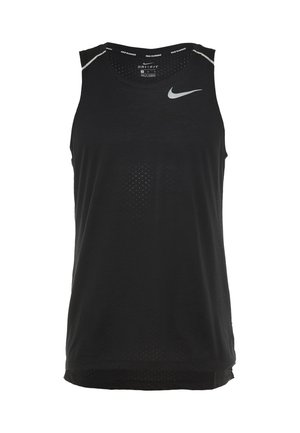Schwarzes ärmelloses Nike Dri-FIT Lauf-Top mit weißem Swoosh-Logo auf der linken Brust und reflektierenden Akzenten auf den Schultern.