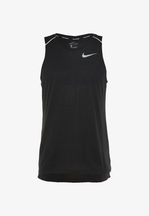 Débardeur de course noir Nike Dri-FIT sans manches avec logo swoosh blanc sur la poitrine gauche et accents réfléchissants sur les épaules.