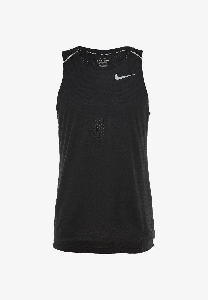 Débardeur de course noir Nike Dri-FIT sans manches avec logo swoosh blanc sur la poitrine gauche et accents réfléchissants sur les épaules.