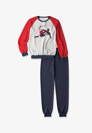 Felpa a maniche lunghe rossa e grigia con grafiche di un calciatore e pantaloni jogger blu abbinati con polsini elasticizzati.