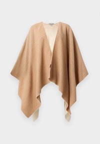 Beige ullblanding poncho med en myk tekstur, som har v-utringning, ujevn kant, og en subtil stripemønster langs skuldrene.