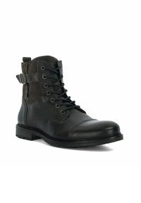 Black leather ankle boots featuring lace-up closure, a side zipper, and a buckle strap. Rounded toe and textured detailing on the upper.