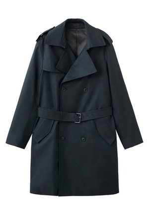Mørk marineblå trenchcoat lavet af glat stof, med dobbeltradet front, stor krave, justerbart bælte og sidelommer.