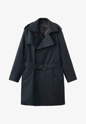 Tamnoplavi baloner od glatkog tkanja, s dvorednim kidanjem, velikim ovratnikom, podesivim remenom i bočnim džepovima.