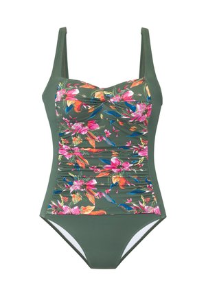 One-piece swimsuit featuring a green body with a floral print in pink and orange, ruched detailing, and adjustable shoulder straps.