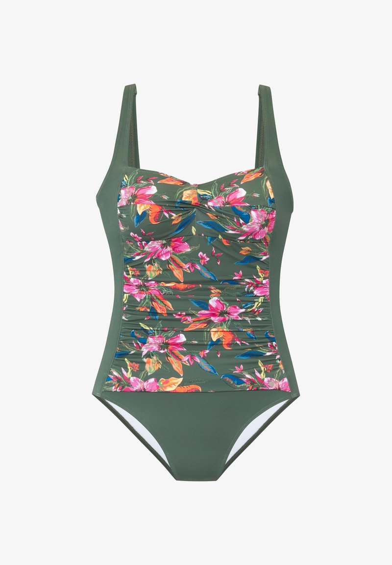 Enodelne kopalke z zelenim telesom z rožnatim in oranžnim cvetličnim potiskom, naborki in nastavljivimi naramnicami.