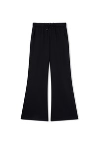 Pantaloni larghi neri con cintura elastica regolabile, tasche laterali e una superficie in tessuto morbido.