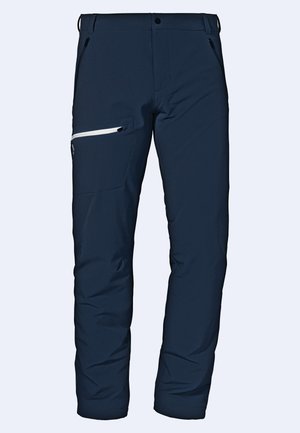 Marineblaue isolierte Skihosen mit strukturiertem Finish, seitlichen Taschen mit weißen Reißverschlüssen und geradem Bein.