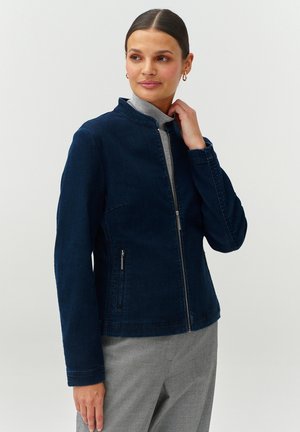 Dark blue denim jacket with a standing collar, front zipper, and two side pockets. Smooth texture and fitted design for a modern silhouette.