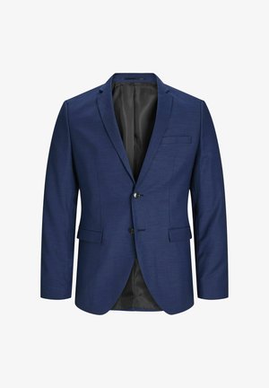 Marineblauwe blazer met een enkele knoopsluiting, slim fit, notch revers, twee voorkwasten en een gladde zwarte voering.