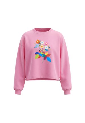 Pink langærmet sweatshirt med ribkanter ved ærmerne og et farverigt broderet blomstermotiv med forskellige blomster og flerfarvede blade.