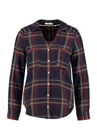 Gekleed shirt in marineblauw, groen en rood. Lange mouwen, knoopsluiting aan de voorkant, twee borstzakken en een V-halslijn. Zachte, geweven stof.