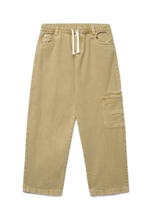 Pantalon large kaki avec taille élastique, cordon blanc, poches avant et grande poche latérale sur la jambe droite.