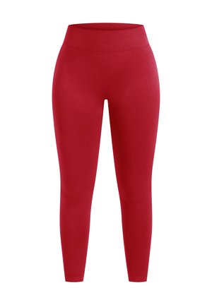 Rote Leggings aus dehnbarem Stoff, mit einem hohen Bund, glatter Textur und tailliertem Design, geeignet für Sportbekleidung.