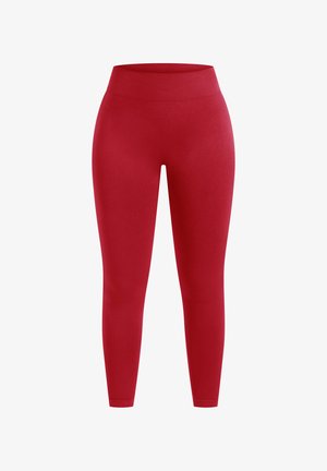Leggings rossi realizzati in tessuto elasticizzato, caratterizzati da una vita alta, texture liscia e design aderente, adatti per l'abbigliamento sportivo.