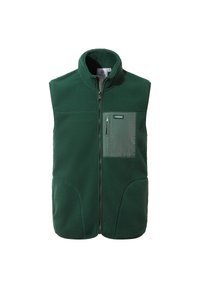 Green fleece vest with a high collar, front zip closure, and a contrasting light green chest pocket featuring a zipper. Textured fabric.