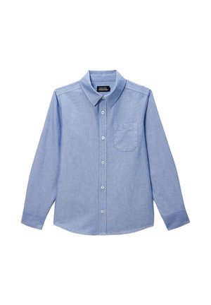 Chemise à manches longues bleu clair en tissu tissé, avec un col boutonné, une poche avant et des motifs texturés subtils.