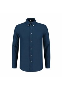 Navy blauwe knoopshirt van gladde stof met lange mouwen, een puntige kraag en witte knopen langs de voorkant.