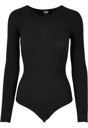 Zwart geribbeld lange mouwen bodysuit met een ronde halslijn en drukknoopjes aan de onderkant. Gemaakt van rekbare stof voor een getailleerde pasvorm.