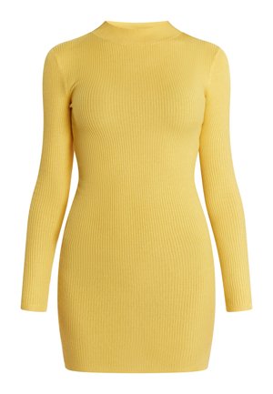 Yellow ribbed knit dress with a high neckline and long sleeves. Fitted design with a smooth texture and hem that ends mid-thigh.