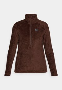 Polo de fleece castanho com meia fecho, padrão texturizado, mangas longas, colarinho alto e um pequeno logotipo no peito. Material macio.