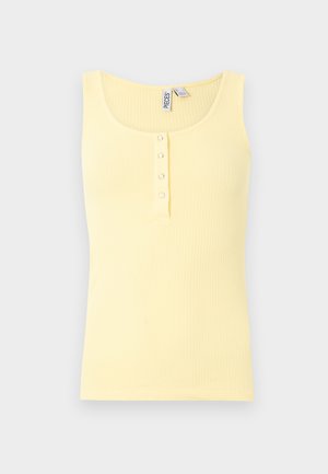 Débardeur jaune côtelé sans manches avec un col en U et quatre petits boutons-pression au centre avant.