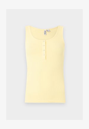 Débardeur jaune côtelé sans manches avec un col en U et quatre petits boutons-pression au centre avant.