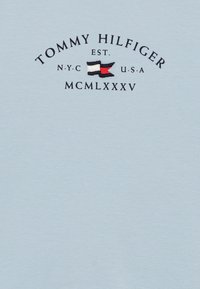 T-shirt di cotone azzurro chiaro con scollo rotondo e testo ricamato. Il logo presenta "TOMMY HILFIGER" e un piccolo accento a forma di bandiera.