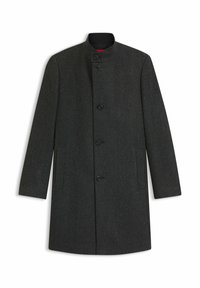 Mørkegrå skræddersyet frakke lavet af tekstureret uld, med en høj krave, fem knapper og to sidelommer. Standard pasform og struktureret design.