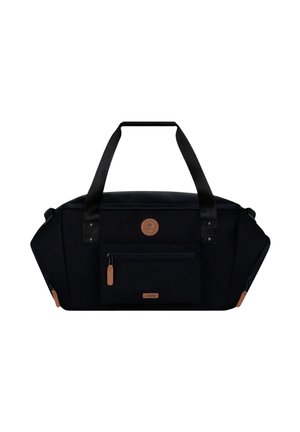 Schwarze Duffel-Tasche mit zwei Griffen, Frontreißverschlusstasche und braunen Reißverschlusszügen und Logo-Patches.