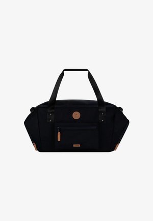 Schwarze Duffel-Tasche mit zwei Griffen, Frontreißverschlusstasche und braunen Reißverschlusszügen und Logo-Patches.