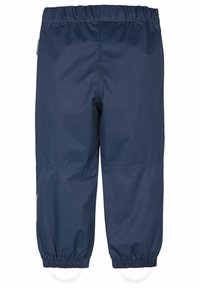 Mörkblå vattentäta byxor med elastisk midja och ärmslut. Slätt, lättviktigt material; enkel design, inga ytterligare mönster eller detaljer.