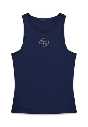 Granatowy prążkowany bezrękawnik z okrągłym dekoltem i małym srebrnym logo wykonanym z dżetów na środku klatki piersiowej.