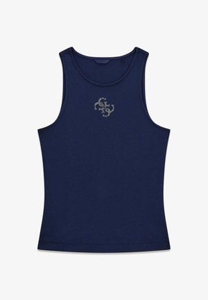 Granatowy prążkowany bezrękawnik z okrągłym dekoltem i małym srebrnym logo wykonanym z dżetów na środku klatki piersiowej.