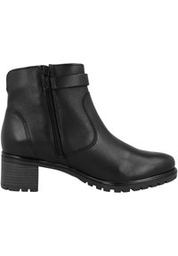 Botas de tobillo de cuero negro con un acabado texturizado, cremalleras laterales y un tacón apilado. Presenta un detalle de correa por encima del tobillo.