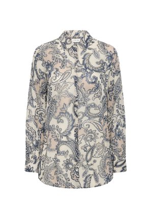 Ilga rankovė švarkinė blusa su mėlynais ir kreminiais paisley raštais ant baltos fono, su klasikinio kirpimo apykakle ir paslėptais mygtukais.