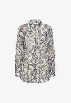 Pika-sleeve nööpidega pluus sinise ja beeži paisley mustriga valgel taustal, klassikalise krae ja peidetud nööpidega.