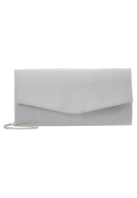 Pochette gris clair avec un rabat triangulaire et une chaîne argentée partiellement visible sur le côté gauche.