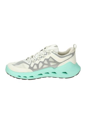 White and gray mesh athletic sneaker with mint green chunky sole and white laces, viewed from the side on a white background.