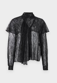 Zwarte kant blouse met een hoge halslijn, lichte stof, ruches en knoopsluiting aan de voorkant met lange mouwen.