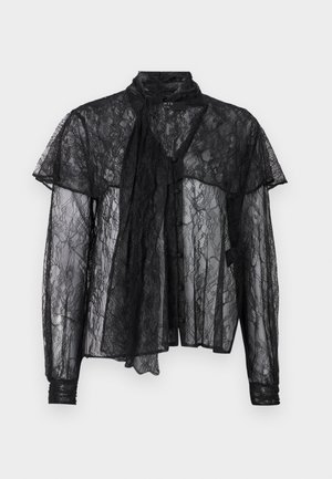 Schwarze Spitzenbluse mit hohem Kragen, leichtem Stoff, Rüschen-Detail und Knopfverschluss vorne sowie langen Ärmeln.