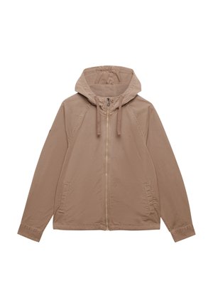 Giacca marrone chiaro con cappuccio, chiusura a zip, maniche lunghe e tasche frontali, mostrata distesa su uno sfondo bianco.