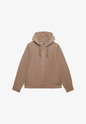 Lysebrun hættejakke med lynlås, lange ærmer og frontlommer, vist fladt på en hvid baggrund.