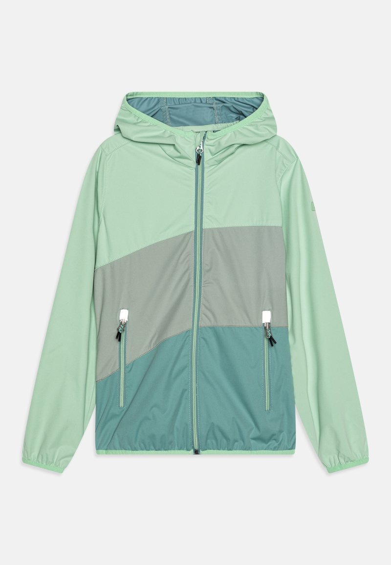 Veste à capuche vert clair avec panneaux diagonaux gris et turquoise, fermeture éclair intégrale à l'avant, poignets élastiques et deux poches zippées.