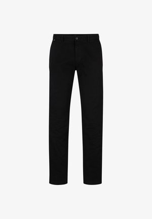 Fekete pamut nadrág egyenes szabással, gombos záródással, övhurkokkal és minimalista dizájnnal. Simás textúra, mintázat nélkül.